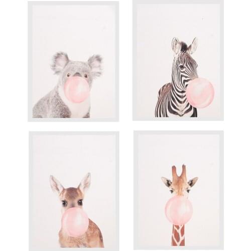 4 Panel Canvas Oil Painting Artwork Picture Wall Art Decor Hanging Poster Home Ornament DIY Supplies - Animal Blow Bubble Gum