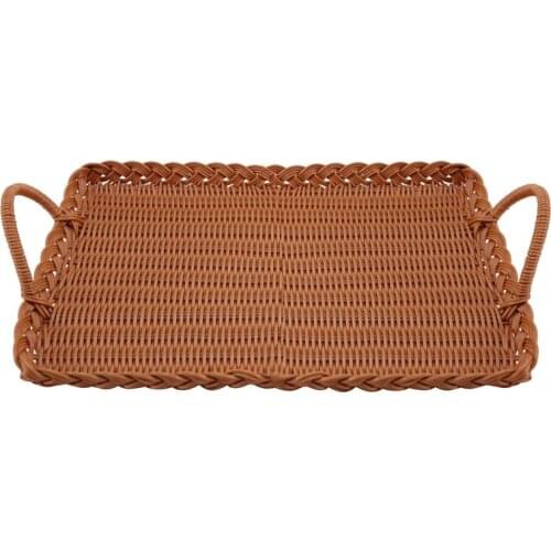 Double-Ear Handle Square Tea Set Storage Tray Living Room Desktop Hand-Woven Bread and Fruit Basket PP Rattan Tray