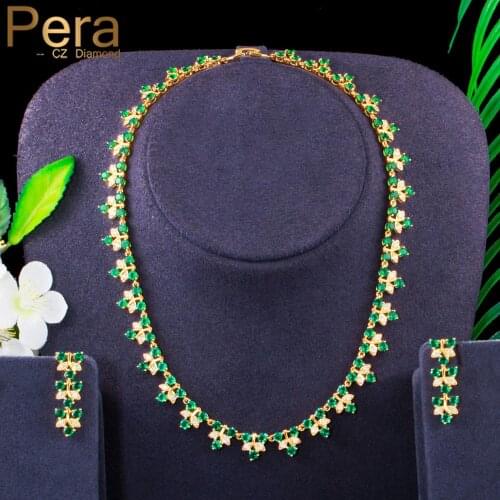 Pera Elegant Leaf Design African Yellow Gold Green Cubic Zirconia Women Wedding Costume Necklace Jewelry Sets for Brides J382