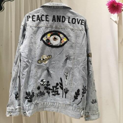 Spring New Women Grey Gaffiti Denim Jacket Original Hand-painted Rabbit Jean Jackets and Coats Y715