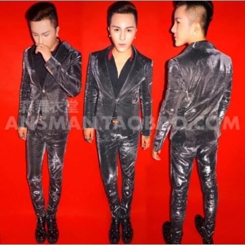 New Men Suit Dj Singer Blazers Symphony Black Electro-optic Jacket Blue-purple Gradient Glitter Pink Shiny Suits Mens Costumes