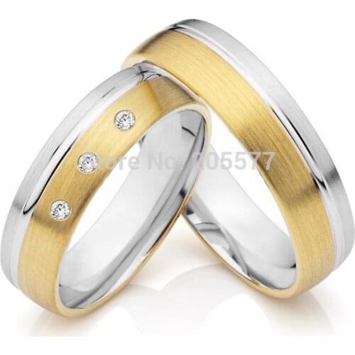 Custom gold plating bicolor titanium cz couples wedding bands rings pair sets anel de casamento