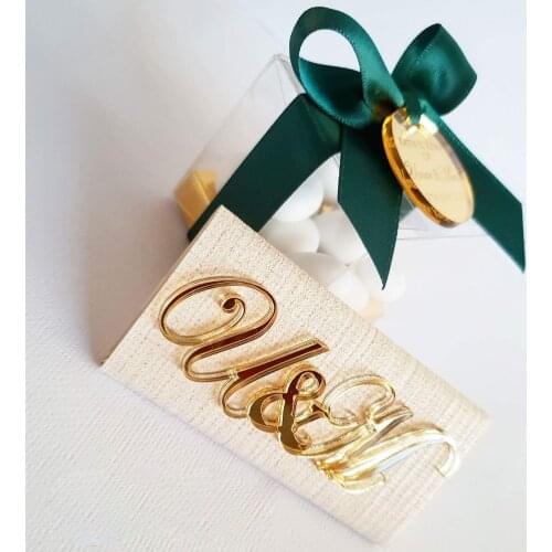 12 PcsPersonalized Gorgeous Acrylic Gold Plaques Wedding Logo Decorated Chocolate Silver Mirror Anniversary Favors Box Banner