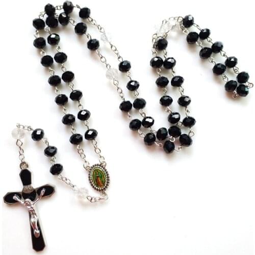 QIGO Black Crystal Rosary Necklace Enamel Vinge Cross Pendant Catholic Religous Jewelry