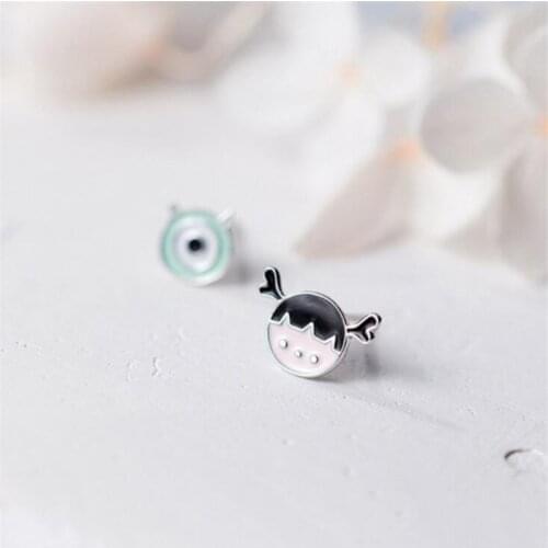 Korean Fashion Cute Cartoon Asymmetric Monster and Girl Stud Earrings 925 Sterling Silver Gifts Female Creative Jewelry SE127