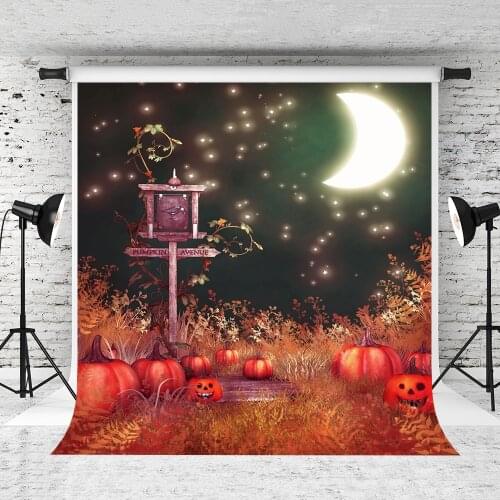 VinylBDS Photography Backdrop Of Happy Halloween Red Pumpkins Forest Bright Moon Backgrounds Starry Sky Mailbox Horrifying