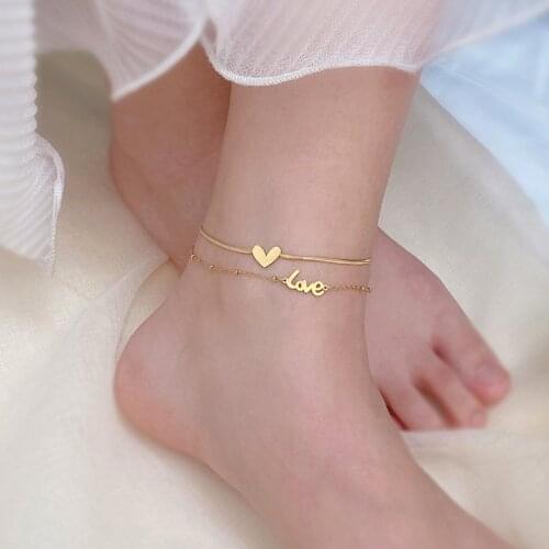 YAOLOGE 316L Stainless Steel 2 Layer Fashion Gold Color Heart Chain Anklet Fashion Love Snake Bone Bracelets 2021 New For Women