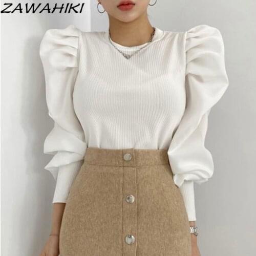 ZAWAHIKI Casual Korean Chic Autumn Temperament Round Neck Pullover Stitching Solid Thin Design Pleated Puff Sleeve Women Tops