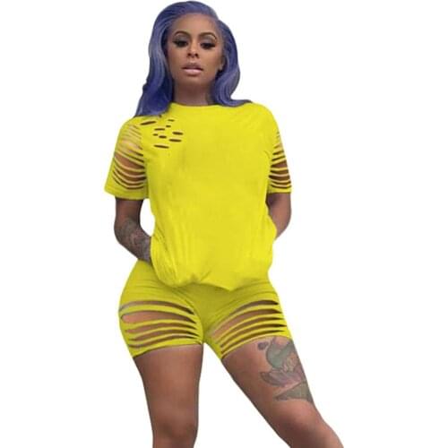 Casual 2 Piece Set Women Tracksuit Summer Clothes Hollow Out Hole Top and Biker Shorts Sweat Suits Streetwear Matching Sets Chic