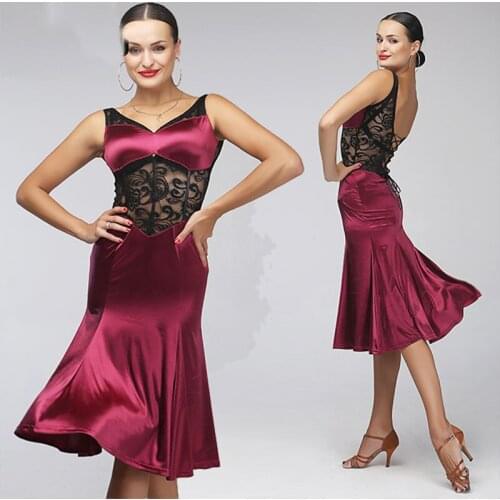 Ladies Latin Dance Dress Sleeveless Lace Wine Red Dress Prom Party Costume Tango Ballroom Dance Clothes Women Sexy Dress DB3239