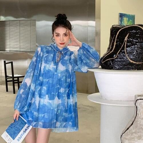 2021 New Lantern Sleeve Blue Pleated Dress Womens Vintage Sweet Long Sleeve Chiffon Printed Dress