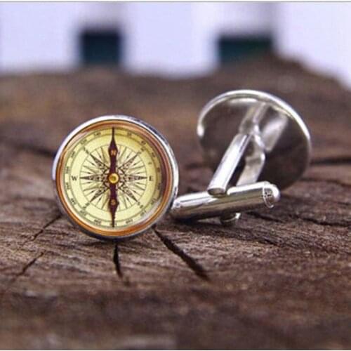 1pair Vintage Compass Time Gem Cufflinks French Mens Shirt Cufflinks Suit Buttons Camping Guided Reading Brass Compass