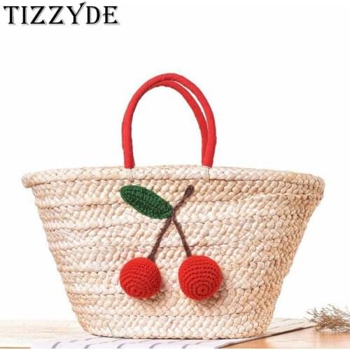 2018 New Fashion Simple Straw Bag Women Leisure Vacation Beach Bag Sweet Cherry Vairball Design Tote Bag wx87-C