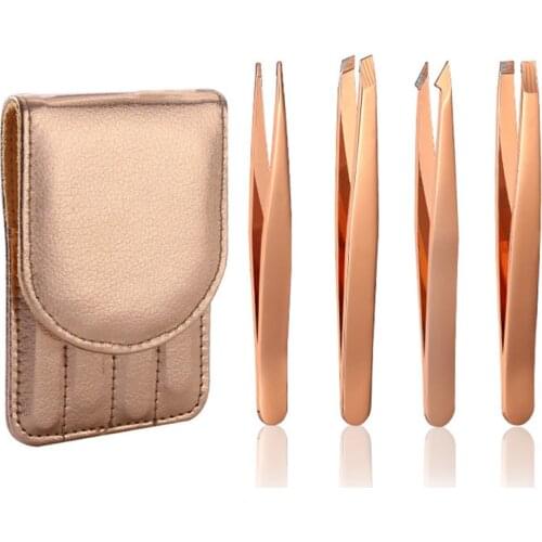 4PC/Set Eyebrow Tweezers Stainless Steel Point TipSlant Tip/Flat Tip Hair Removal Makeup Tools Accessory with Rose Gold Bag Case