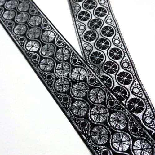 50mm 5cm 2'' Black Silver Vintage Dots Lotus Leaf Costume Curtain Laciness Embroidery National Jacquard Ribbon Woven Webbing