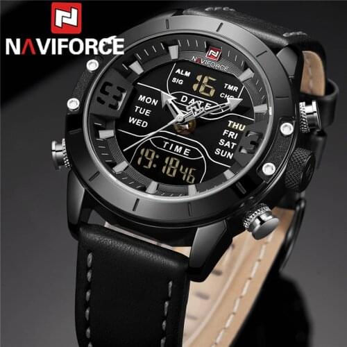 NAVIFORCE Men Watch Digital Sport Top Brand Luxury Black Man WristWatch Military Genuine Leather Quartz Business Male Clock 9153