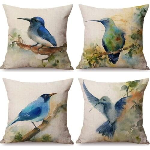 Chinese Style Watercolor Blue Birds Printing Decorative Pillow Case Ink Painting Bluebird Kingfisher Patio Outdoor Cushion Cover