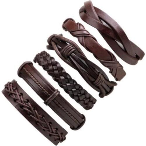 Wholesale 3-6pcs/lot Handmade ethnic tribal genuine wrap charming male pulsera black braided leather bracelets bangles