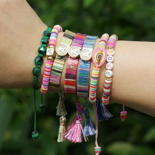 Ethnic Tassel Tail Wristband Mixed CZ White Shell Pearl Fish Sign Charm Adjustable Bracelet For Woman