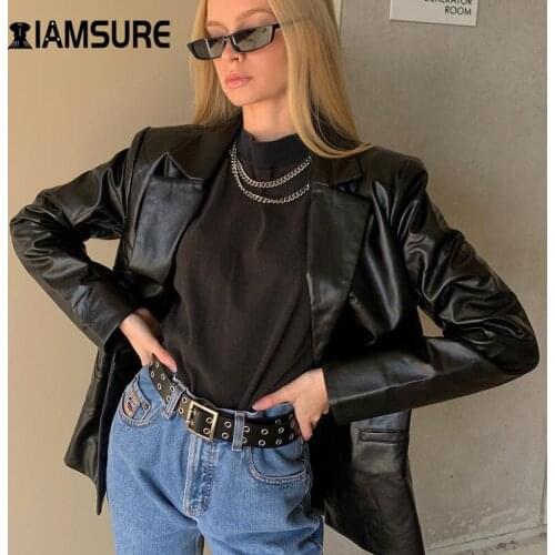 IAMSURE 2020 Autumn Casual Loose Leather Jacket For Women Streetwear Fashion Turn-Down Collar Black Basic Jacket Female Harajuku