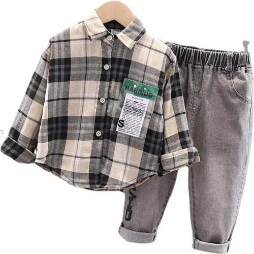 Kids Sets Spring and Autumn New Baby Cartoon Plaid Long Sleeve Shirt +jeans Boy Two Piece Suits 0-4 Ages Fall Clothes for Boys