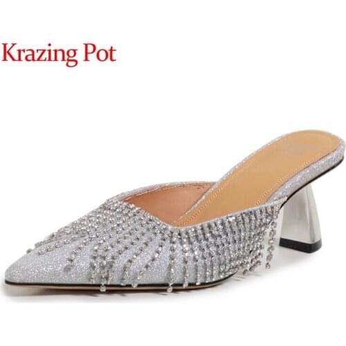 Krazing pot pointed toe med heel solid tassel sling back high fashion strange style fairly noble slip on mules sandals women L29
