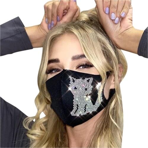 Kawaii Women Face Mask With Cat Pattern Bling Crystal Drill Designer Washable Reusable Mask For Adult Masque Decoration