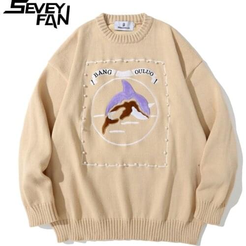 SEVEYFAN Mens Cartoon Shark Embroidery Sweater with Beads Loose O Neck Knitwear Streetwear Pullover Sweaters for Couples