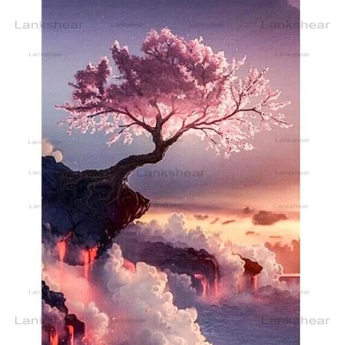 5D Diy Diamond Painting Cherry Tree On Cliff Diy Embroidery Cross Stitch Rhinestone Mosaic Kits Home Decor Home Wall Decor Gift