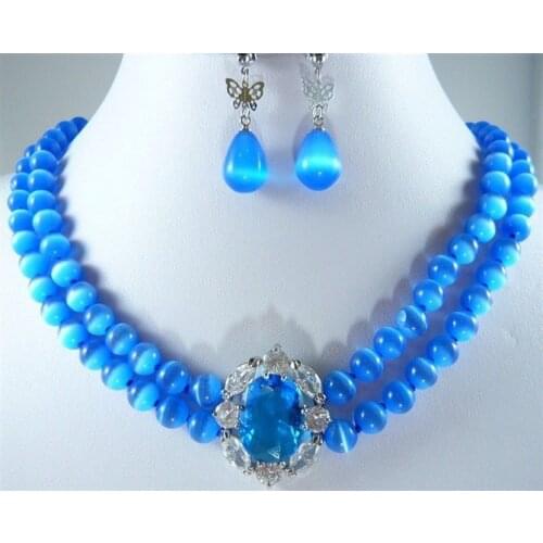 Charm 2 rows blue jades/opal necklace +blue zircon pendant earring