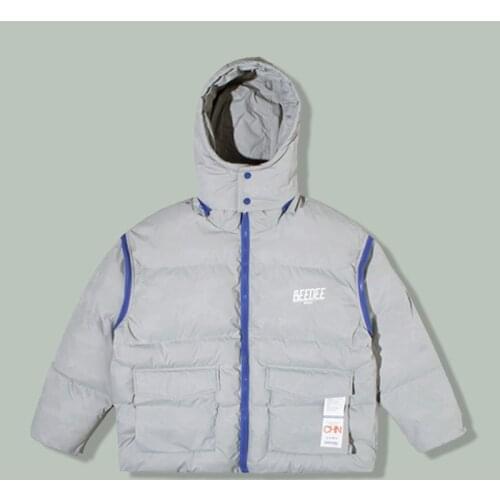 Harajuku Streamer Camouflage Print Removable Sleeve Parka Mens Hip Hop Hooded Streetwear Parkas Winter Thicken Keep Warm Jacket