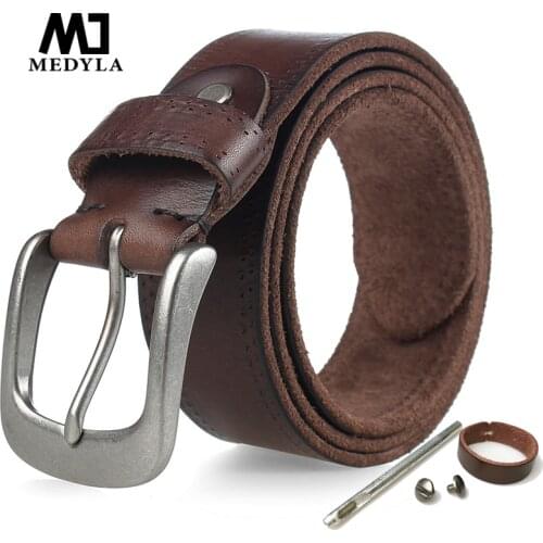 MEDYLA Real Leather Mens Belt Soft Raw Cowhide Solid Hard Metal Buckle Genuine Leather Belt Men Natural Leather No Mezzanine