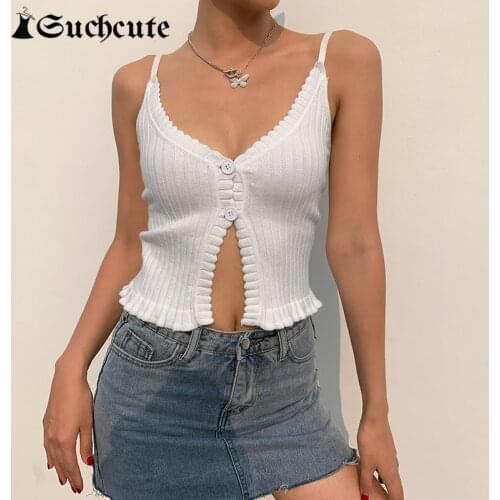 SUCHCUTE Summer Casual Fitness Knitted Crop Tops For Women Sexy V-Neck Slim Outfits Basic Camisole Solid Color 90s Streetwear