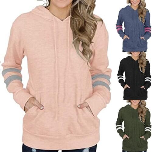 Plus Size Womens Hooded Sweatshirt 2021 Autumn Kangaroo Pocket Hooded Long Sleeve Loose Contrast Stitching Striped Sweatshirt