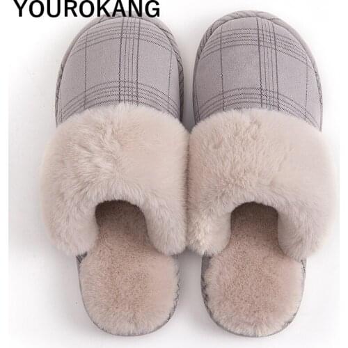 Warm Men Winter Shoes Home Slippers With Fur Indoor Bedroom Floor Cotton Plush Slipper Furry Soft Non-slip Couple Shoes Gingham