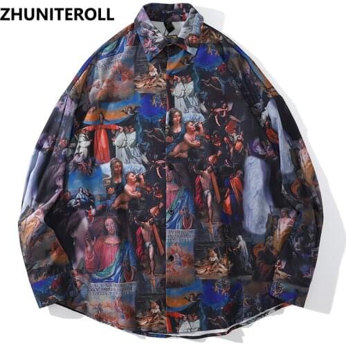 Vintage 2021 Summer Shirts Hip Hop Oil Painting Art Print Long Sleeve Shirt Coats Streetwear Harajuku Loose Button Blouse Tops