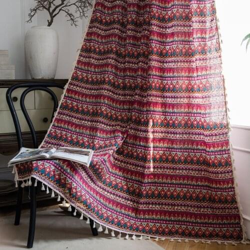 Red Bohemian Curtain Cotton Linen Printing Curtain for Living Room Bedroom Semi-shading Bay Window Curtain Finished Home Decor