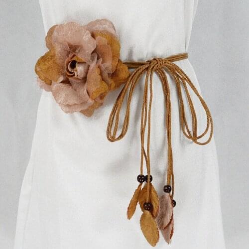 New Casual Wild Chiffon Big Flower Ladies Thin Belt Sweet Tassel Braid Decoration Elegant Handmade Flower Fine Womens Dress Belt
