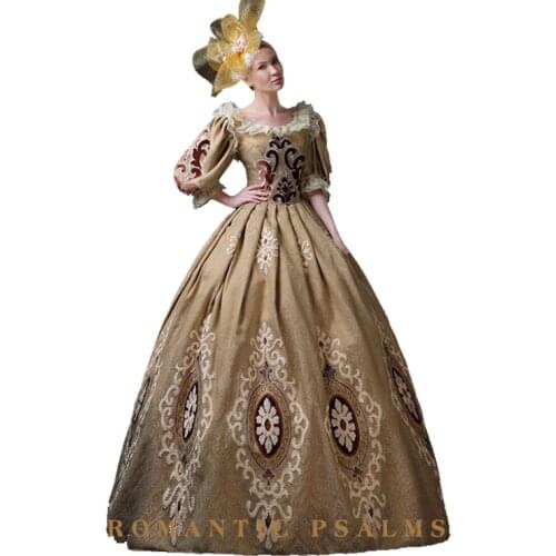 Women Lace Trim Medieval Queen Gown Marie Antoinette Cosplay Costume Royal Champagne luxurious Long Renaissance with Hat