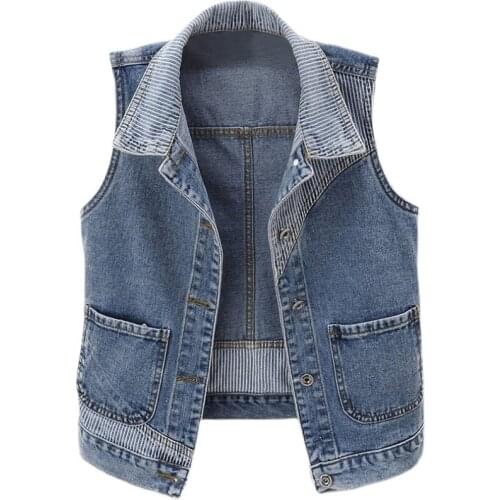 Womens Spring Autumn Sleeveless Vintage Strope Patchwork Blue Denim Vest Female Winter Plus Size Slim Short Waistcoat 5XL TB296