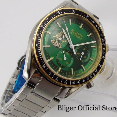 BLIGER Brand Classic Self Winding Wristwatch Men Mineral Glass Date Sub Dial Mental Bracelet