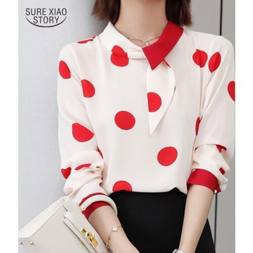 Elegant Blended Chiffon Shirt 2021 Fall Stand Collar Pullover Top Woman Spliced Polka Dot Long Sleeve Ribbon Collar Blouse 16501