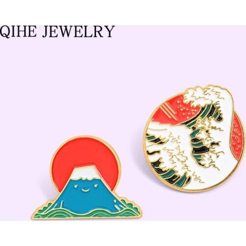 Sea Wave Mount Fuji Landscape Enamel Pins Japanese Style Brooches Sunrise Sunset Mountain Red Badge Pin Buckle Jewelry Wholesale