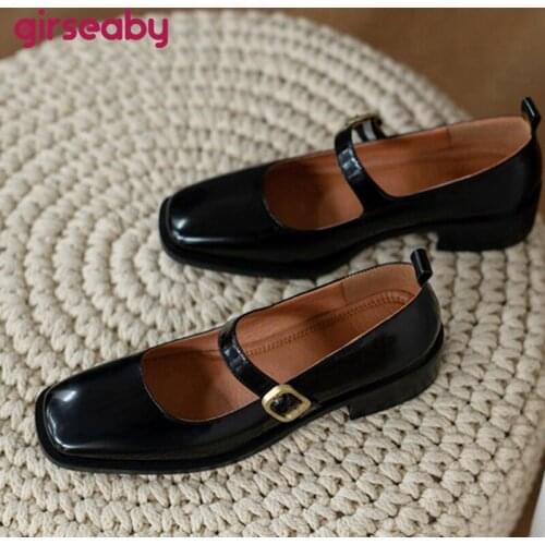 Girseaby 2021 Retro Concise Pumps Leather Round Toe Mary Janes Buckle Strap Shallow 3.5cm Chunky Heel Shoes US8 9 Black A4272