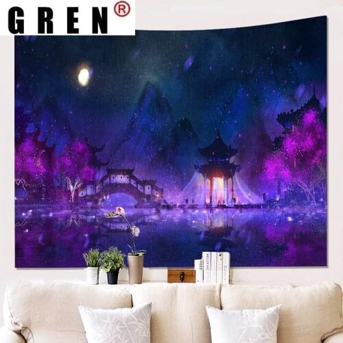 GREN Lake Bridge Pavilion Cartoon Landscape Tapestry Hanging Rug Background Cloth Beach Mat Blanket Art Living Home decor