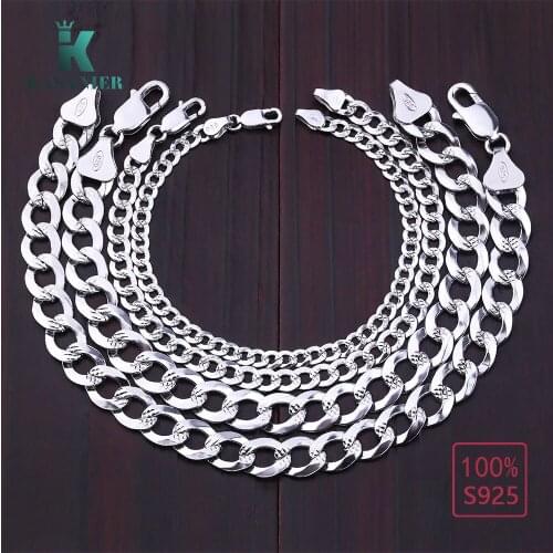 KASANIER 2019 100% Real S925 Sterling Silver Men fashion jewelry 4-9 MM Width Mens Bracelets Gift Curb Bracelets Man jewelry