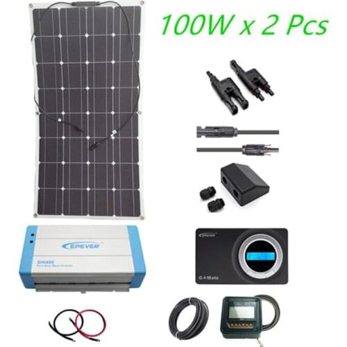 Solar Panel 200W Kit Off-Grid RV Boat with EPever Inverter+GM3024+DC Cable Leads+Branch Connector+Junction Box+MT50 Monitor