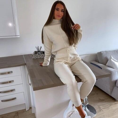 Casual Tracksuit Womens Sets Pullover Turtleneck Tops And High Waist Pants Suit Spring Fashion New Solid Pocket Lounge Wear Set
