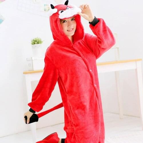Red OX Bull Animal Cosplay Costume Onesie Hoodie For Adult Women Men Halloween Holiday Party Flannel Full Length