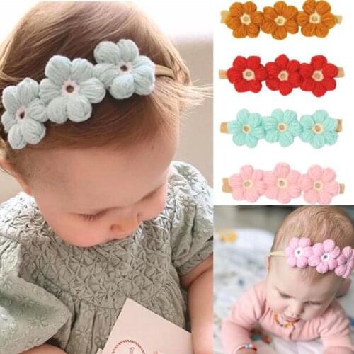 Boutique Baby Girls Nylon Headbands 2pcs/Set Wool Crochet Knitting Flowers Hairbands High Elasitc Kids Head Hoop Photo Headdress